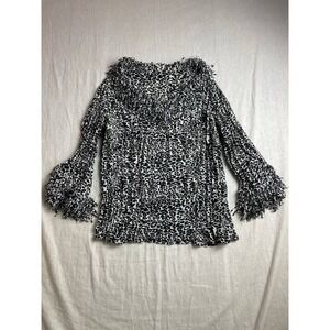 AGORA Fancy White Black Animal Print Top Long Sleeve Fringe Trim Womens Large